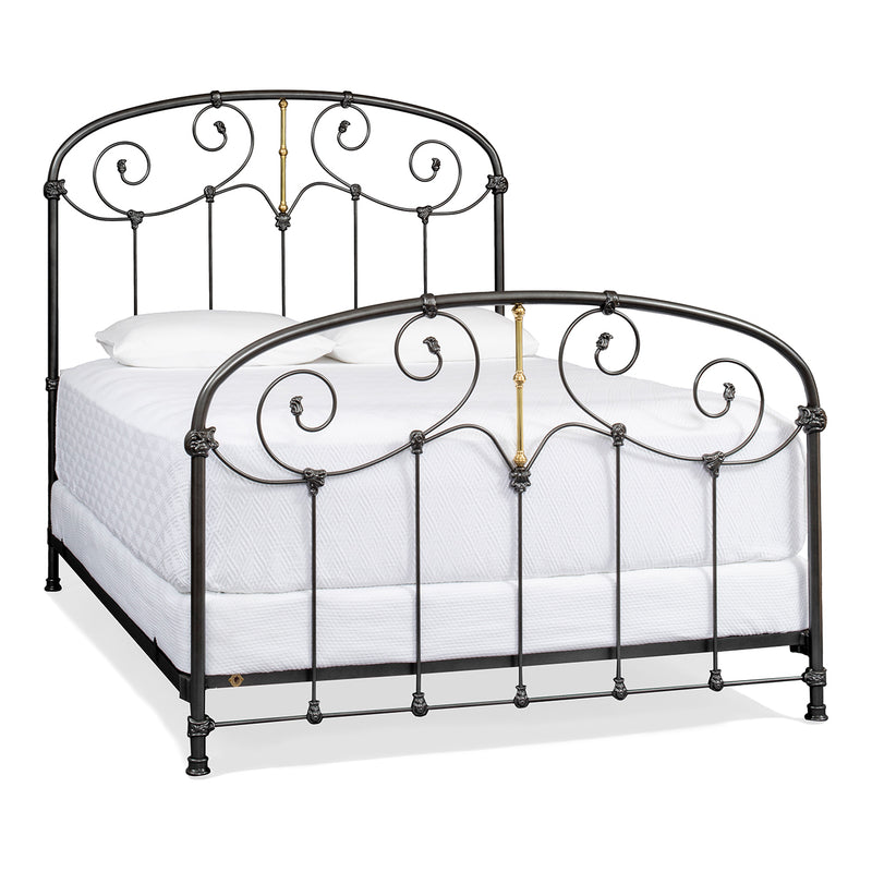Queen Anne Iron Bed in Silverado Finish with Brass, Complete Queen Frame