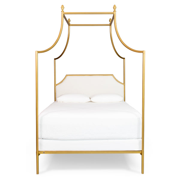Flying Arch Canopy Iron Bed in Gold Medal Finish with Ivory Upholstery, Queen Frame