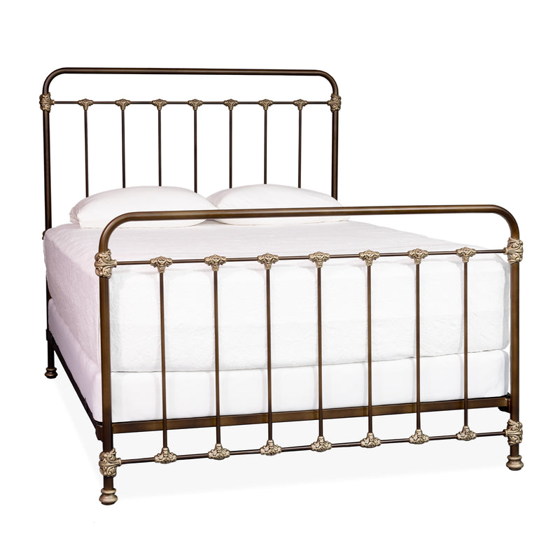 Picket Fence Iron Bed in Translucent Brown Finish with Aged Champagne Accents, Complete, Queen Frame