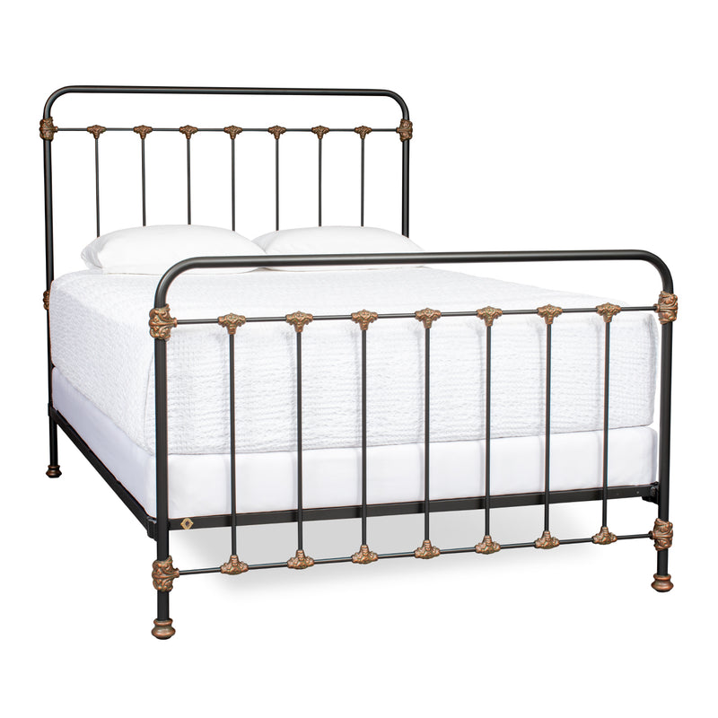 Picket Fence Iron Bed in Flat Black with Ancient Copper Accents, Complete, Queen Frame